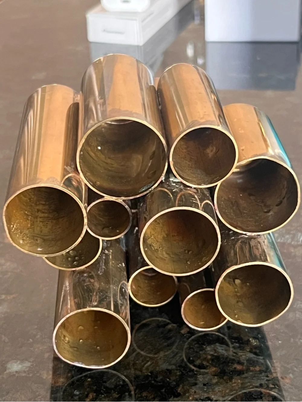 Vintage 1960’s modernist stacked tubular brass candelabra attributed to Gio Pont